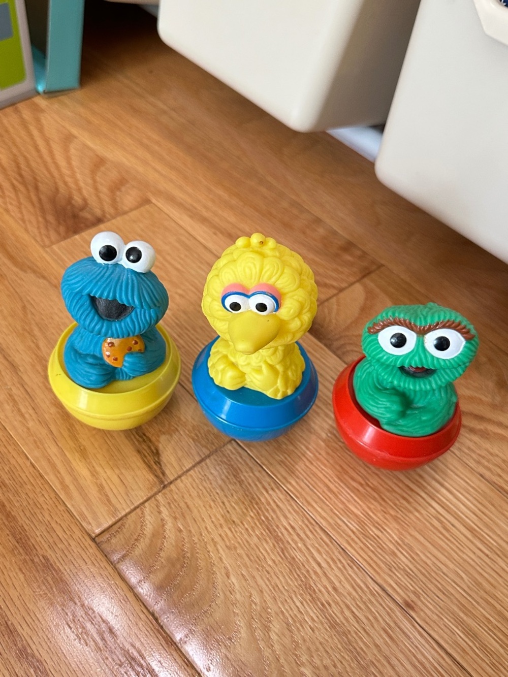3-Vintage 90s Sesame Street Cookie Monster Big Bird Oscar Roly Poly Pals Weeble